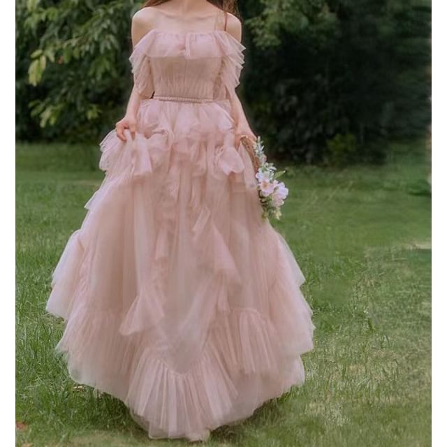 Spaghetti Strap Plain Ruffle Trim A-Line Evening Gown