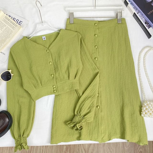 V-Neck Crop Button Top & High Waist Maxi A-Line Skirt Suit