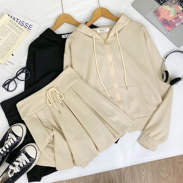 Zip Hoodie & High Waist Pleated Mini Skirt Outfit