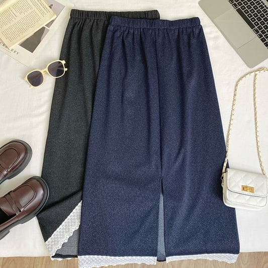 Elastic Waist Lace Trim Midi A-Line Pencil Skirt