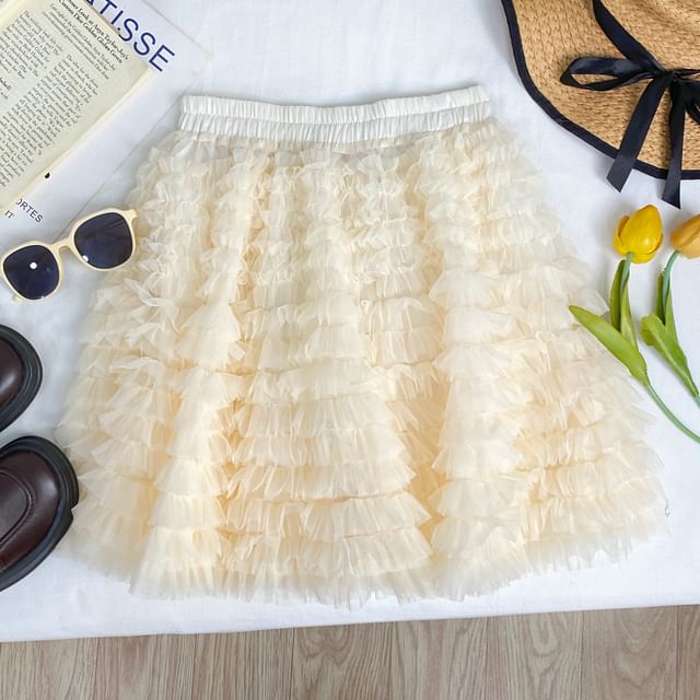 Elastic Waist Ruffle Trim Mini A-Line Skirt