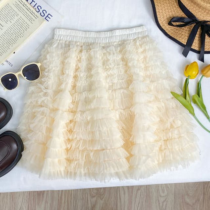 Elastic Waist Ruffle Trim Mini A-Line Skirt