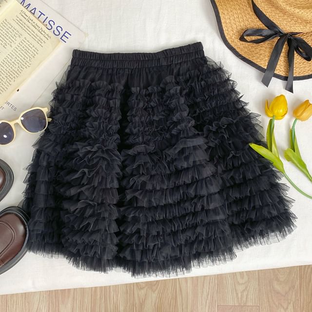 Elastic Waist Ruffle Trim Mini A-Line Skirt