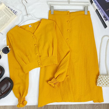 V-Neck Crop Button Top & High Waist Maxi A-Line Skirt Suit