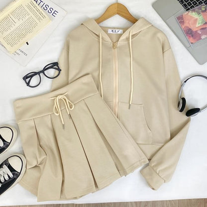 Zip Hoodie & High Waist Pleated Mini Skirt Outfit