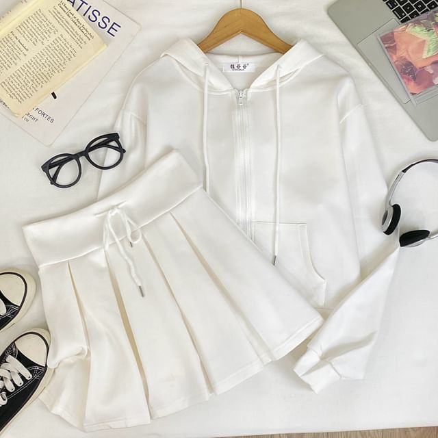 Zip Hoodie & High Waist Pleated Mini Skirt Outfit