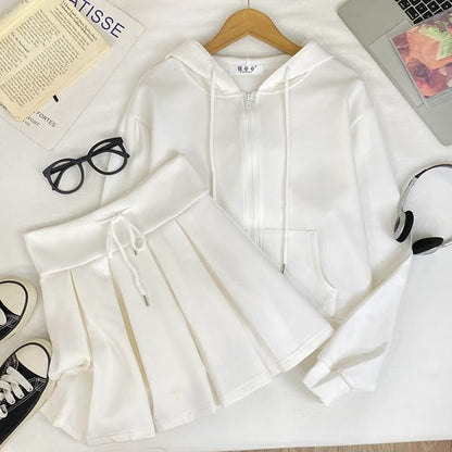 Zip Hoodie & High Waist Pleated Mini Skirt Outfit