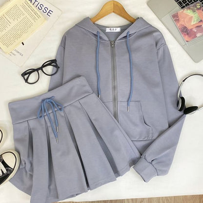 Zip Hoodie & High Waist Pleated Mini Skirt Outfit