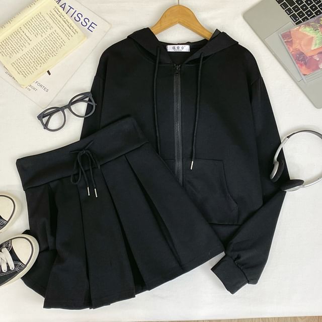 Zip Hoodie & High Waist Pleated Mini Skirt Outfit