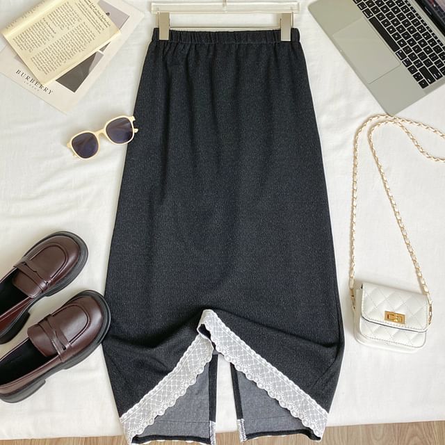 Elastic Waist Lace Trim Midi A-Line Pencil Skirt