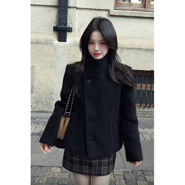 Collar Single-Breasted Blazer & Mid Rise Plaid Mini Pencil Skirt Set