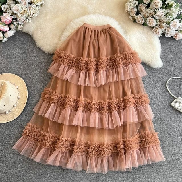 Two Tone Ruffle Trim Maxi A-Line Skirt - High Waist