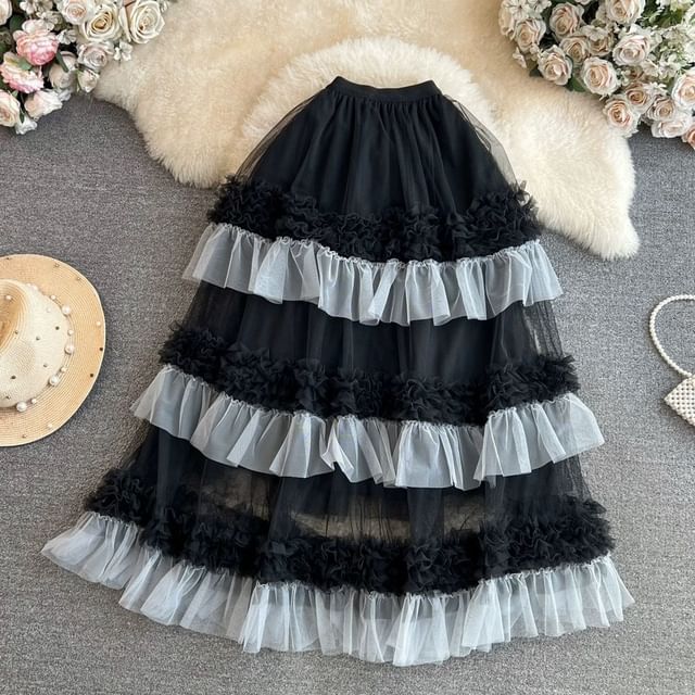 Two Tone Ruffle Trim Maxi A-Line Skirt - High Waist
