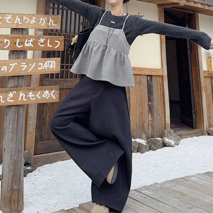 Round Neck Knit Top, Ruffle Camisole & Baggy Pants Set