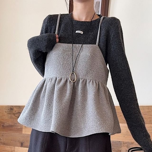 Round Neck Knit Top, Ruffle Camisole & Baggy Pants Set