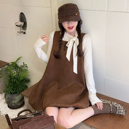 Polka Dot Mock Neck Long Tee & Square Neck Mini Dress Set