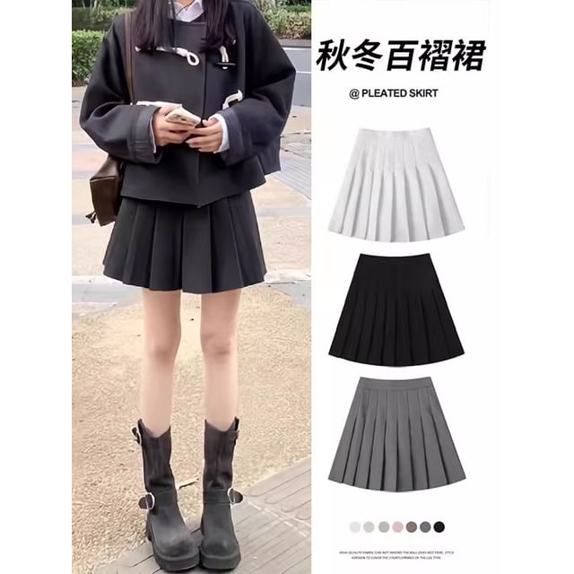 High Waist Pleated Mini A-Line Skirt