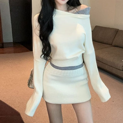 Mock Two-Piece Off-Shoulder Two Tone Crop Sweater & High Waist Mini Pencil Skirt