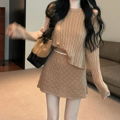 Long-Sleeve Round Neck Cable Knit Crop Top & High Waist Contrast Trim Mini A-Line Skirt