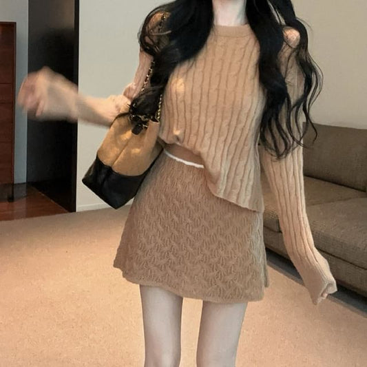 Long-Sleeve Round Neck Cable Knit Crop Top & High Waist Contrast Trim Mini A-Line Skirt