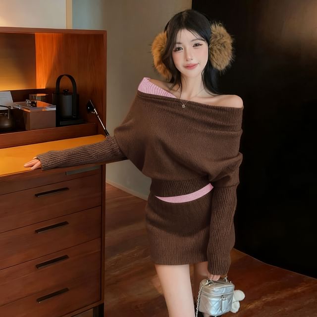 Mock Two-Piece Off-Shoulder Two Tone Crop Sweater & High Waist Mini Pencil Skirt