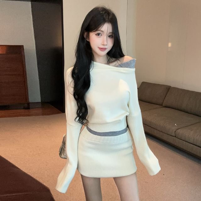 Mock Two-Piece Off-Shoulder Two Tone Crop Sweater & High Waist Mini Pencil Skirt