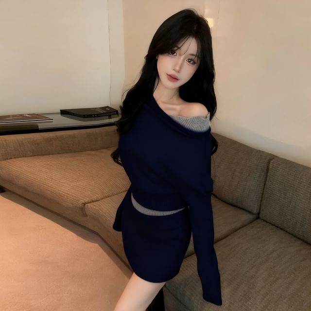 Mock Two-Piece Off-Shoulder Two Tone Crop Sweater & High Waist Mini Pencil Skirt