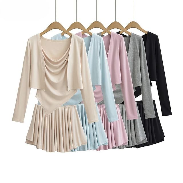 Cowl Neck Camisole Top, Mid Waist Mini Skirt & Crop Cardigan Set