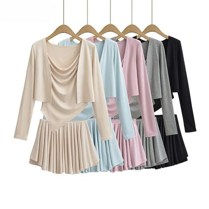 Cowl Neck Camisole Top, Mid Waist Mini Skirt & Crop Cardigan Set
