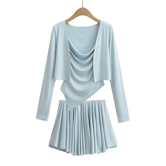 Cowl Neck Camisole Top, Mid Waist Mini Skirt & Crop Cardigan Set