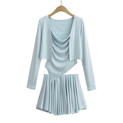 Cowl Neck Camisole Top, Mid Waist Mini Skirt & Crop Cardigan Set