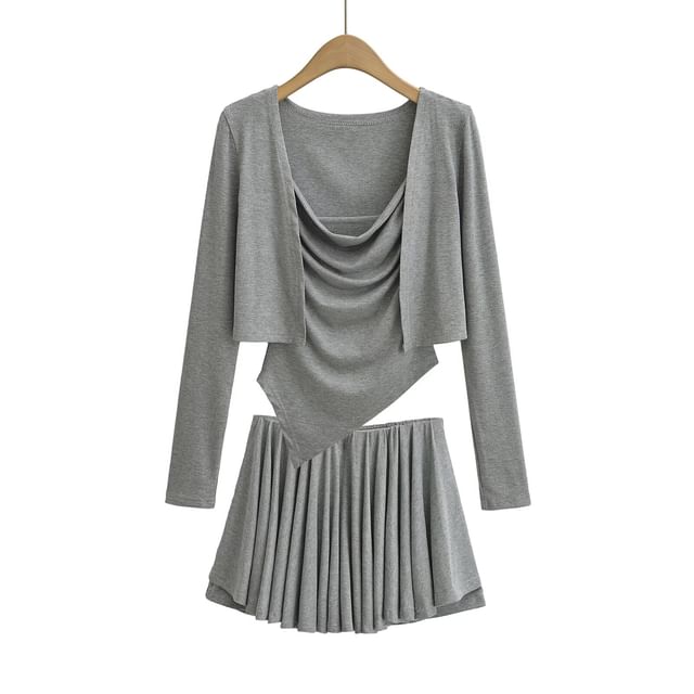 Cowl Neck Camisole Top, Mid Waist Mini Skirt & Crop Cardigan Set