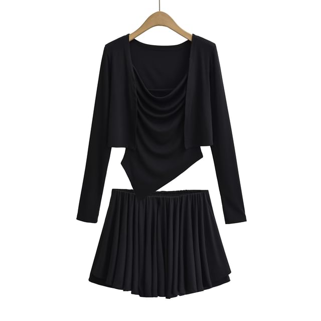 Cowl Neck Camisole Top, Mid Waist Mini Skirt & Crop Cardigan Set