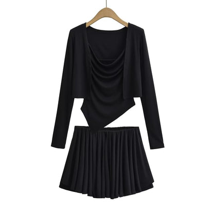 Cowl Neck Camisole Top, Mid Waist Mini Skirt & Crop Cardigan Set