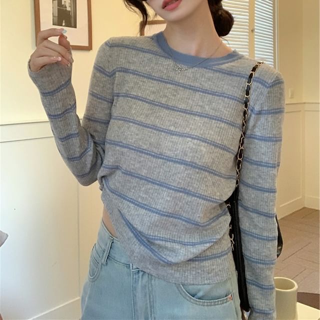 Ribbed Knit Crew Neck Striped Pullover