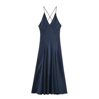 Spaghetti Strap V-Neck Plain Maxi A-Line Dress