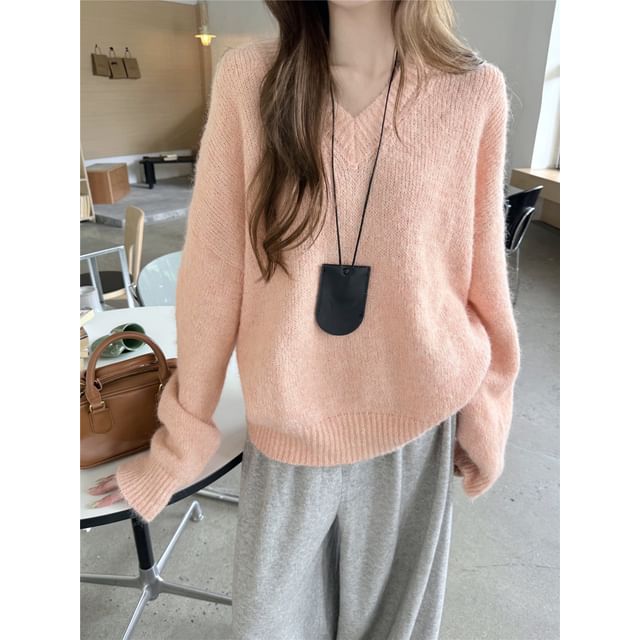 Relaxed V-Neck Knit Sweater with Solid Color