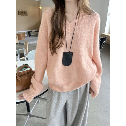 Relaxed V-Neck Knit Sweater with Solid Color