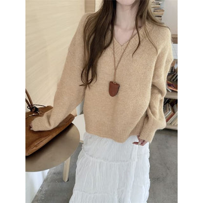 Relaxed V-Neck Knit Sweater with Solid Color