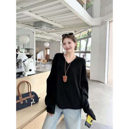 Relaxed V-Neck Knit Sweater with Solid Color