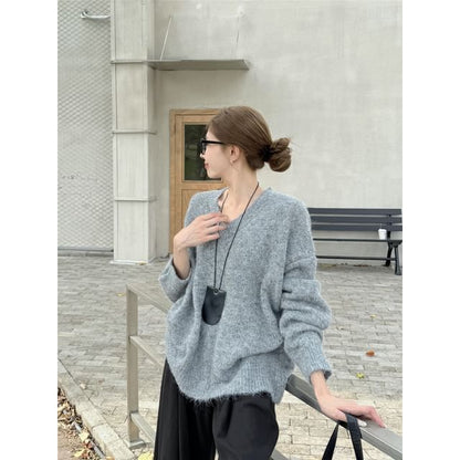 Relaxed V-Neck Knit Sweater with Solid Color