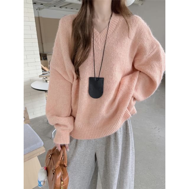 Relaxed V-Neck Knit Sweater with Solid Color
