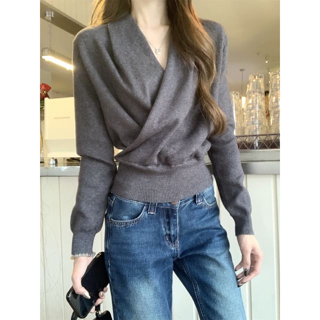 Wrapped V-Neck Knit Top with Long Sleeves