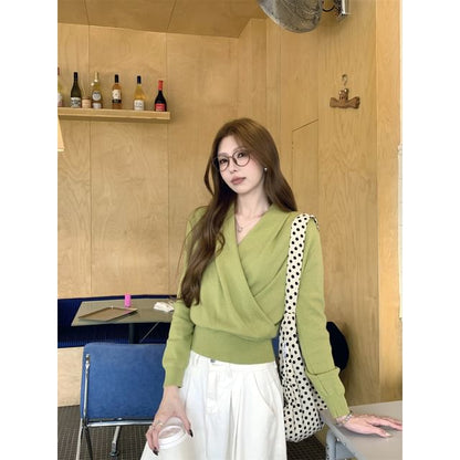 Wrapped V-Neck Knit Top with Long Sleeves