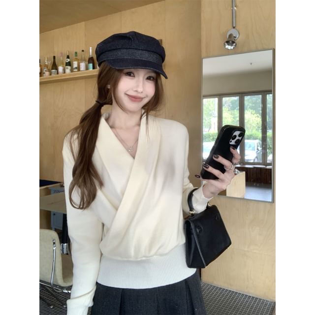Wrapped V-Neck Knit Top with Long Sleeves