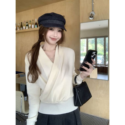 Wrapped V-Neck Knit Top with Long Sleeves