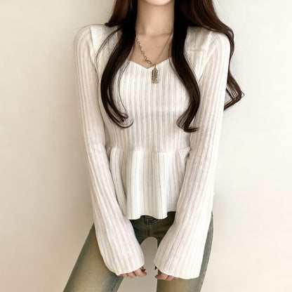 Ribbed Peplum Tee with Solid Finish