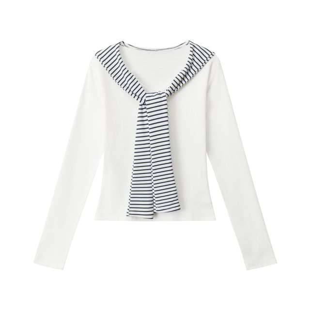 Striped V-Neck Tie-Front Fitted Tee with Long Sleeves