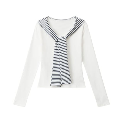 Striped V-Neck Tie-Front Fitted Tee with Long Sleeves