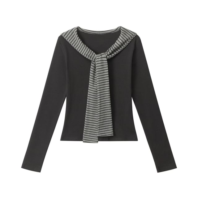 Striped V-Neck Tie-Front Fitted Tee with Long Sleeves